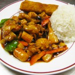 Hot and Spicy Chicken with Steamed rice and Eggroll (Lunch portion)